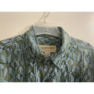 Johari West Shirt Mens XL Green Geo Retro Beach Print Button Up Short Sleeves